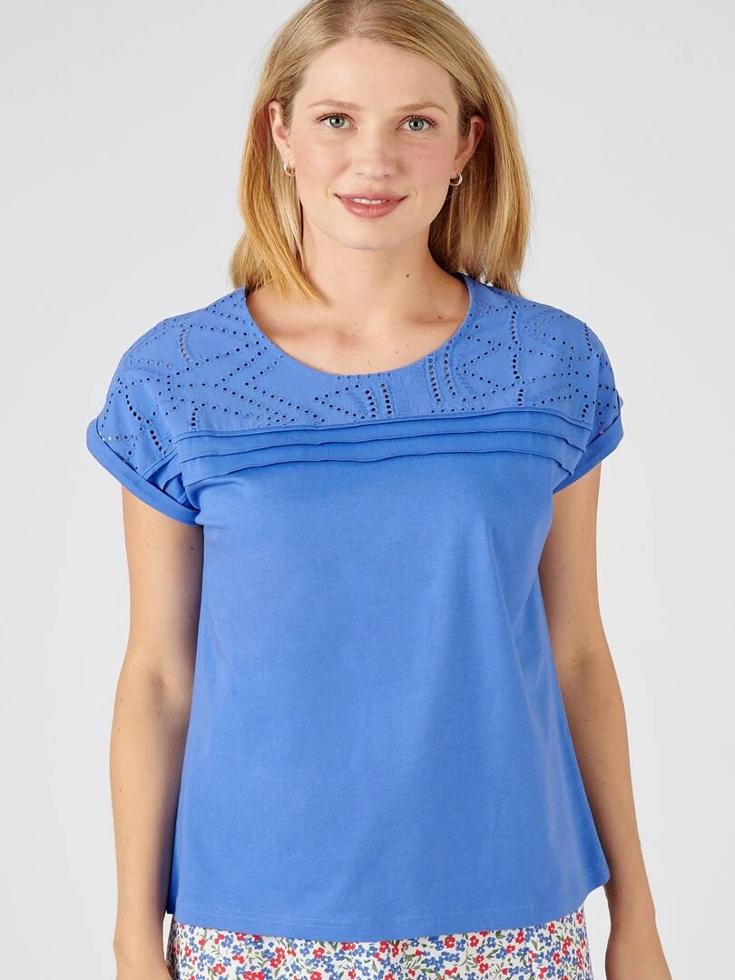 Tee shirt détails broderie anglaise Damart Bleu azur