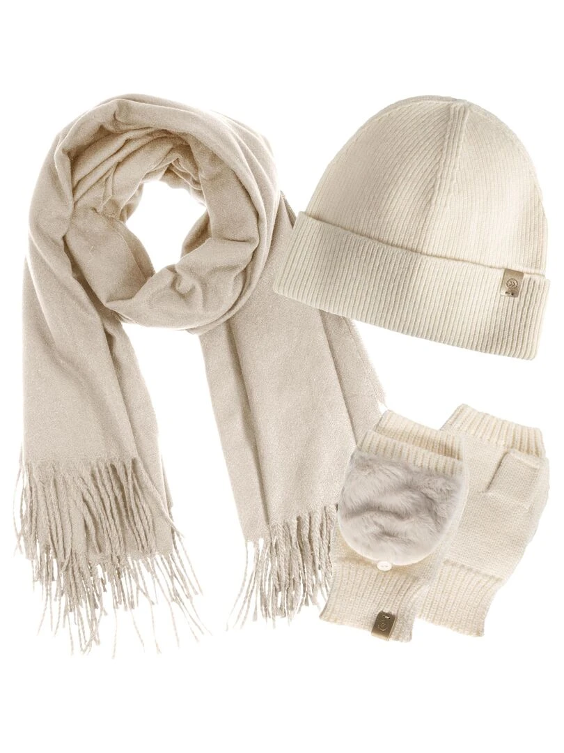 Mitaines Femme Maille et imitation fourrure Crème Beige clair