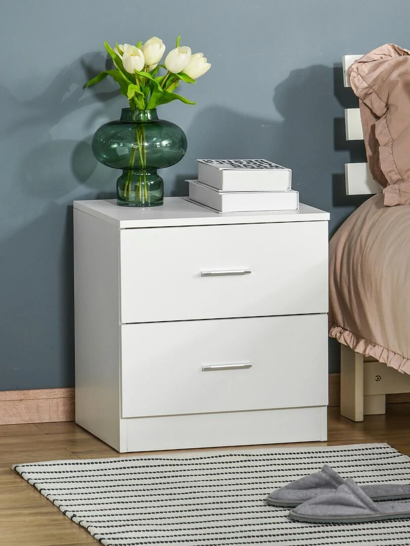 Chevet style contemporain 2 tiroirs poignées alu blanc Blanc