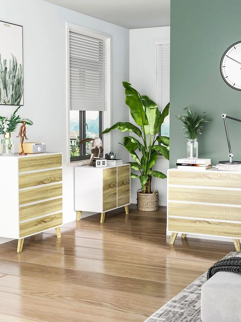 Commode scandinave sur pieds 6 tiroirs blanc aspect chêne clair Beige