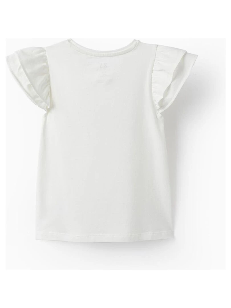 T shirt en jersey de coton avec volants et brillants pour fille manches courtes CÉRÉMONIE Blanc