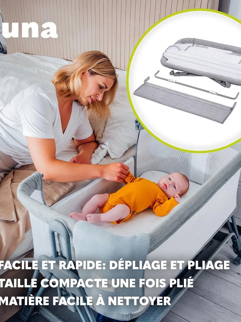 LIONELO Luna   Lit évolutif cododo avec matelas   De 0 Kg à 9 Kg   Hauteur et inclinaison réglables   Gris