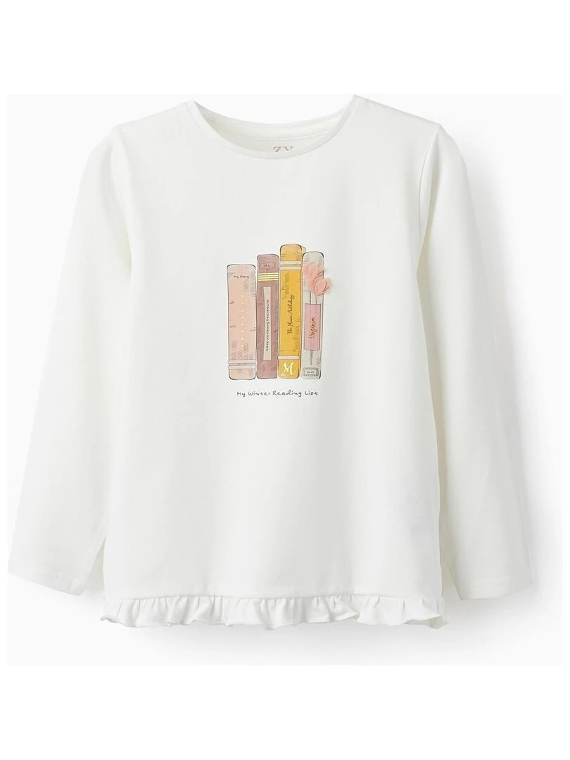 T shirt à manches longues en jersey de coton pour fille manches longues LITERATURE CLUB Blanc
