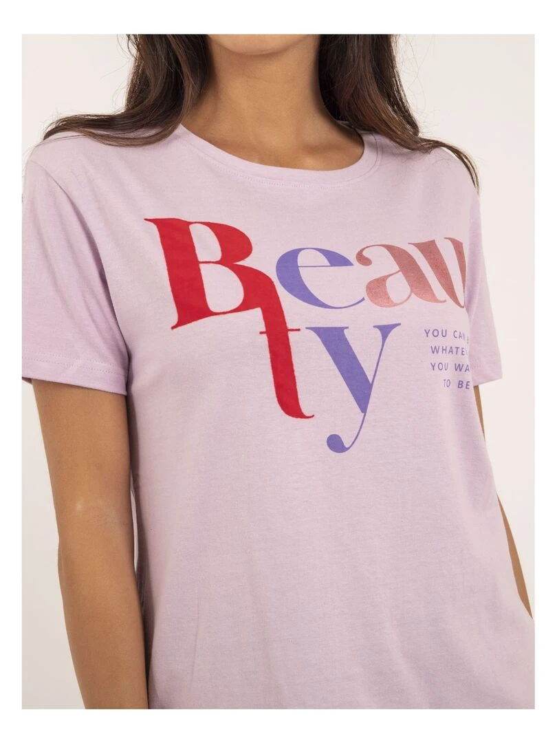 T shirt col rond message FIGUIER   Violet clair