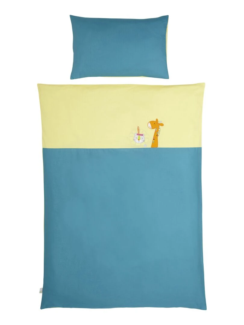 Parure de lit housse de couette brodée + taie Coton bio 'P'tit Basile' Bleu canard