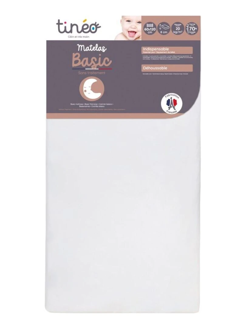 Matelas bébé Basic déhoussable 60 cm x 120 cm x 8 cm Blanc