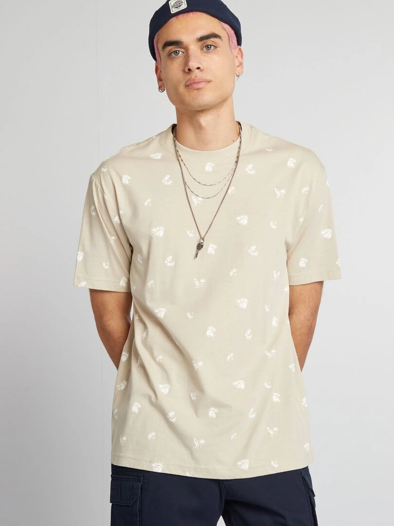 T shirt à col rond avec imprimé   Biege