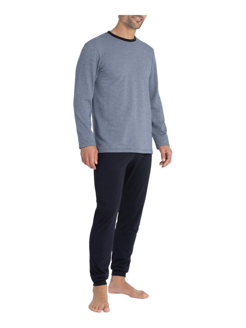 Pyjama long homme cardé en coton col rond Masami Bleu