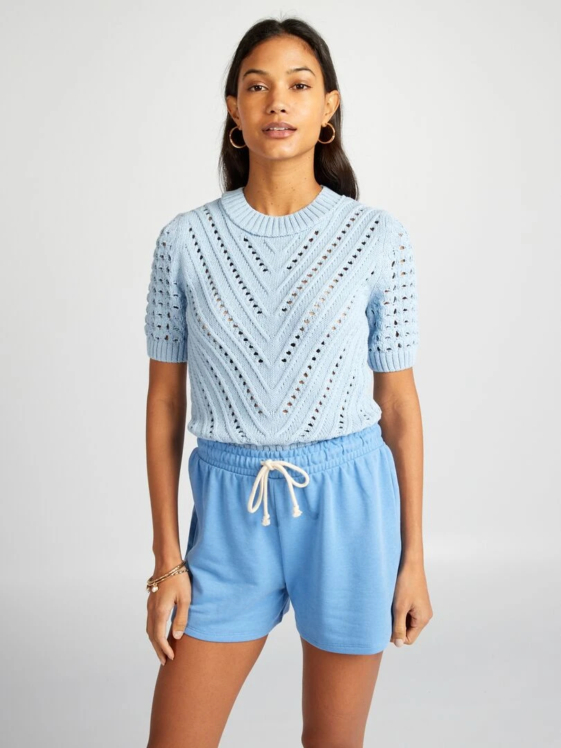 Pull en maille ajourée à manches courtes Bleu