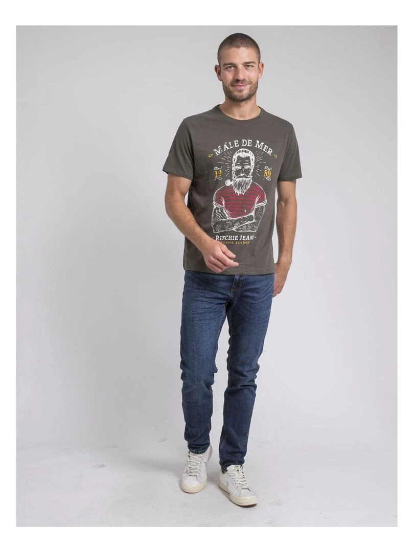 T shirt col rond pur coton JAMEKONG   Kaki