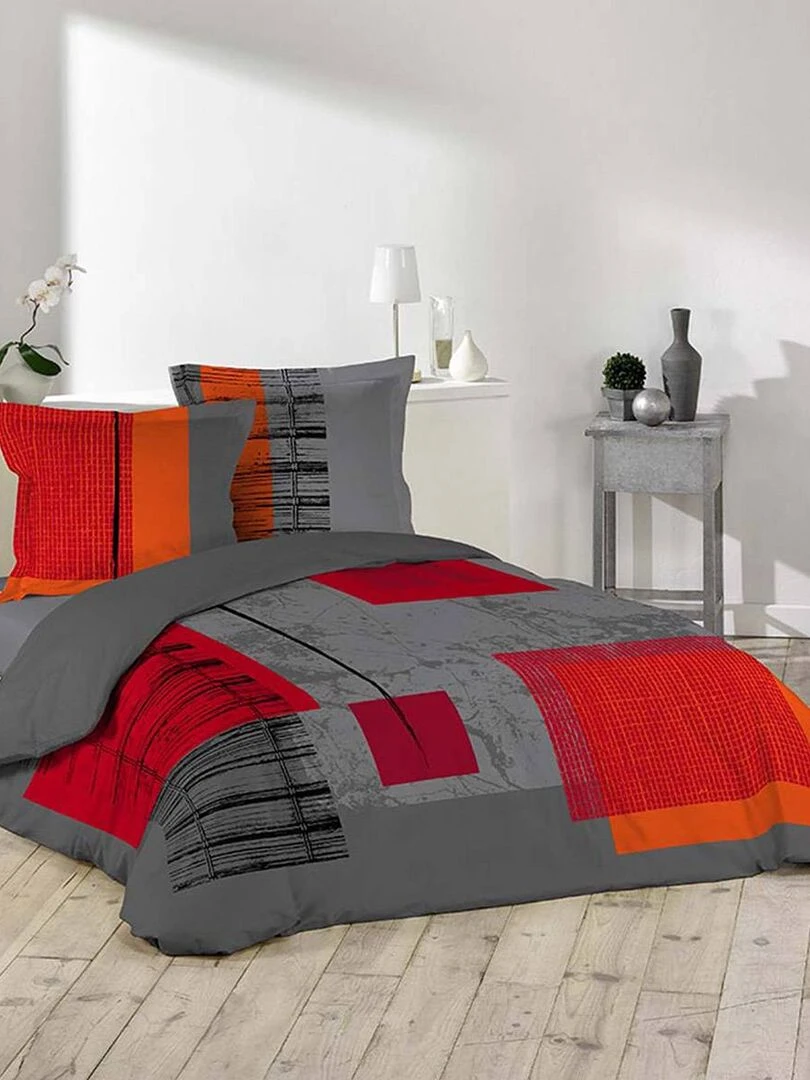 Housse de couette 220x240 + 2 taies Quadro coton Gris