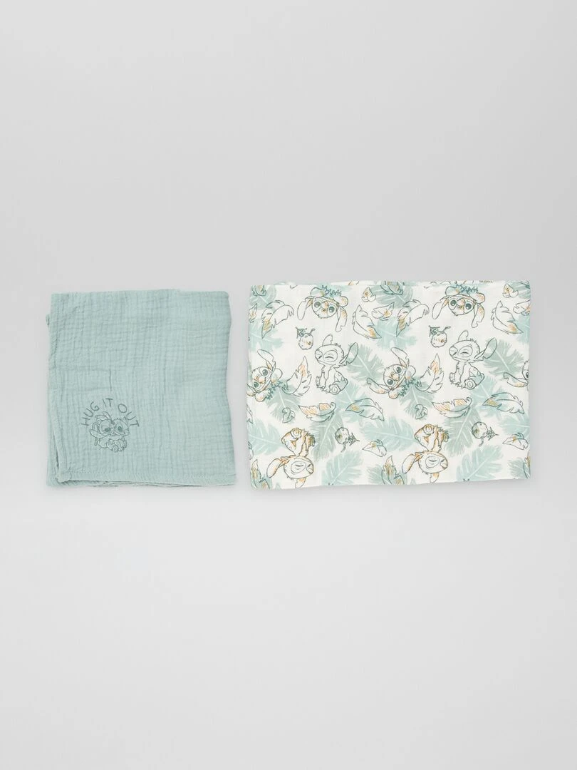 Lot de 2 langes en gaze de coton 'Stitch'   Vert