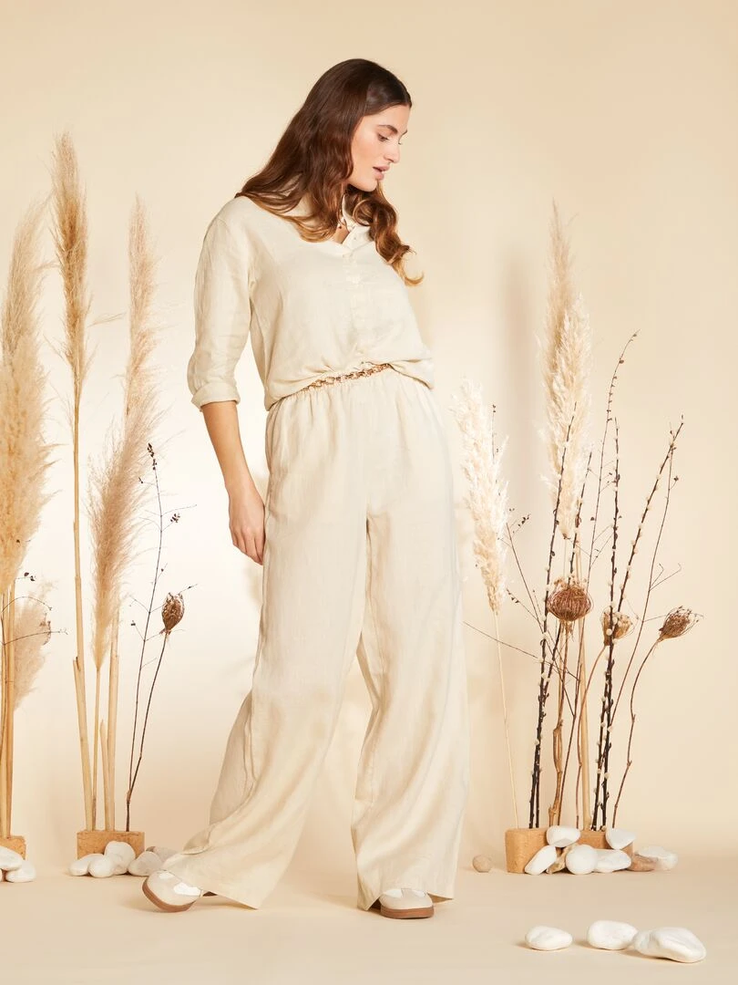 Chemise ample en lin à manches longues Beige