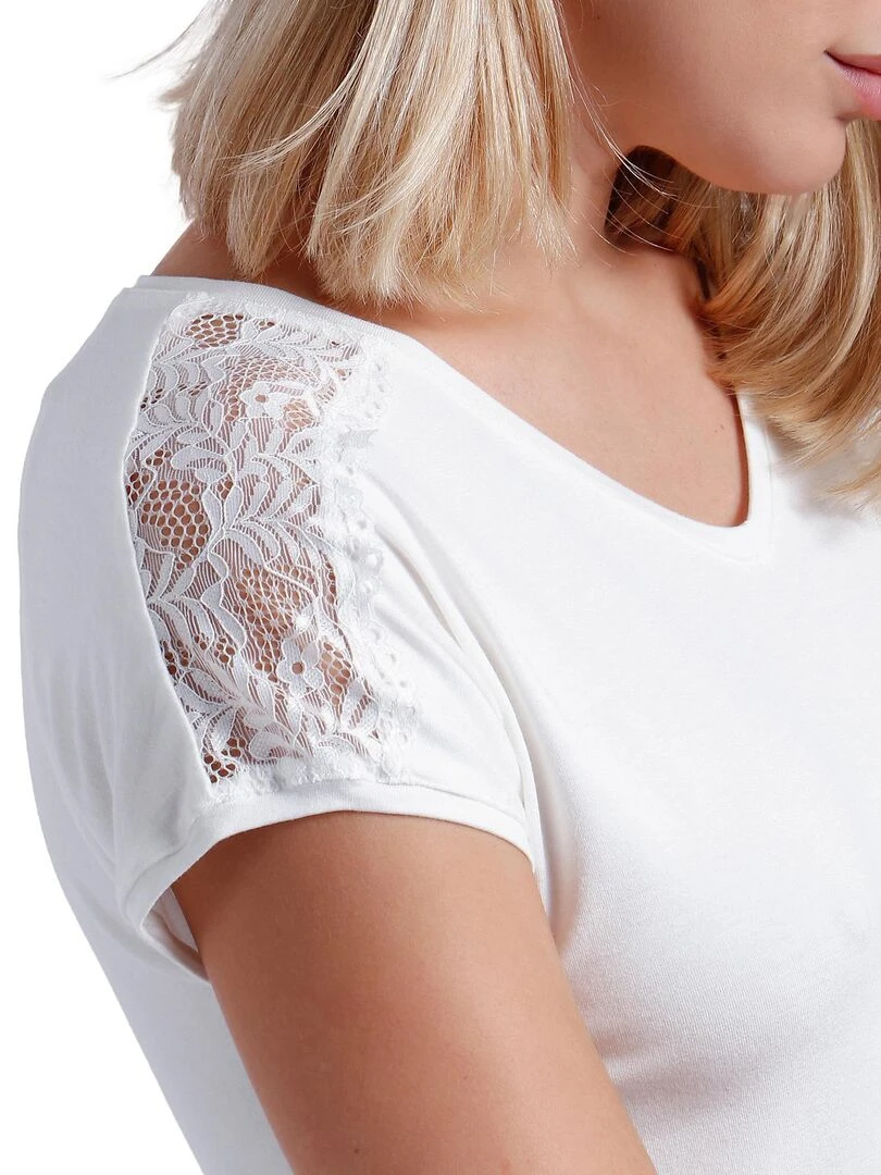 T shirt manches courtes Puntilla Hombro   Ecru
