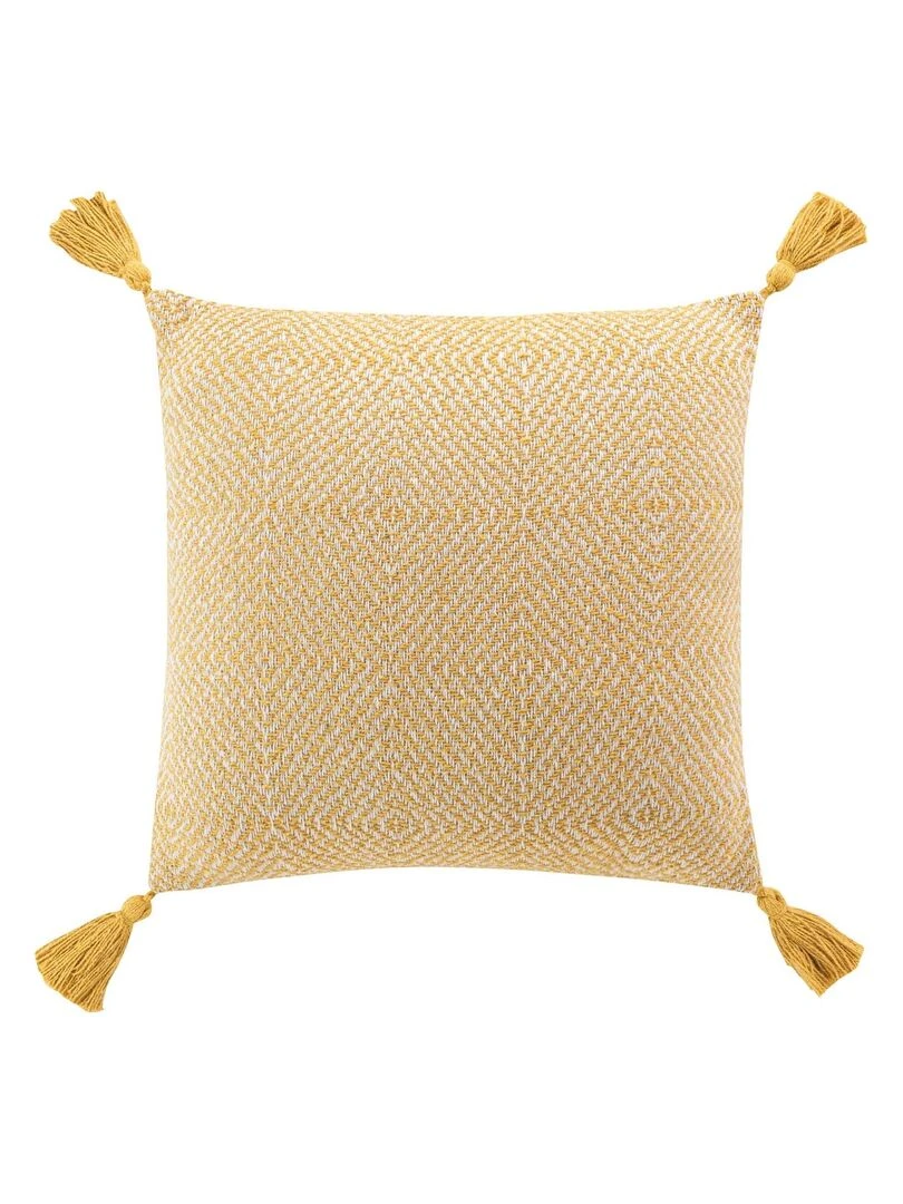 Coussin pompons coton tisse Louissette   Jaune