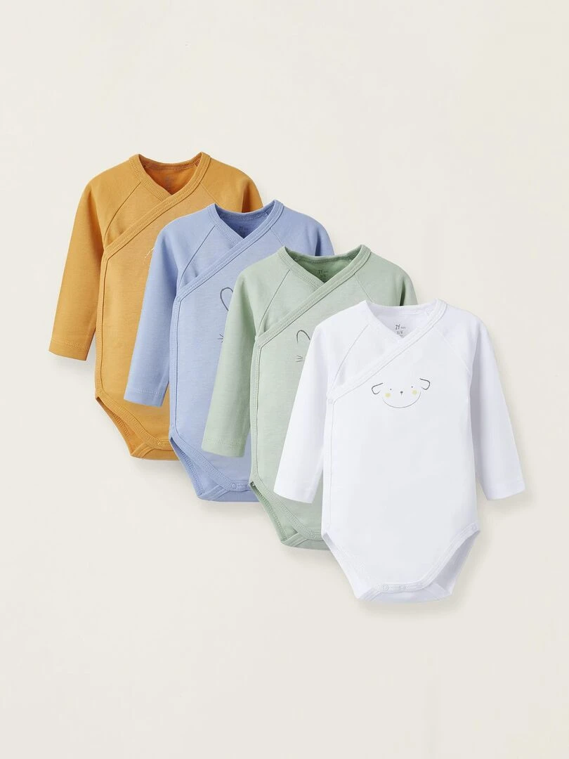 Pack de 4 bodies croisés pour bébé et nouveau né 'Animaux' manches longues ESSENTIALS LINE Multicolore