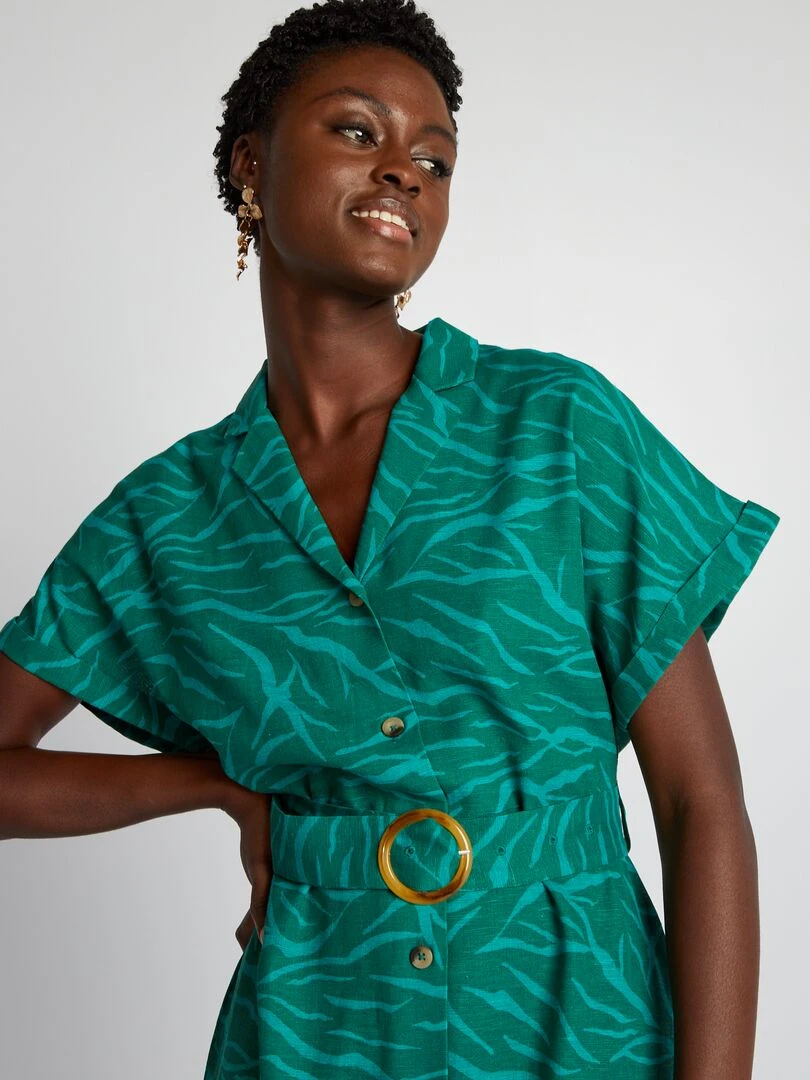 Robe midi avec lin mélangé et ceinture   Vert imprimé