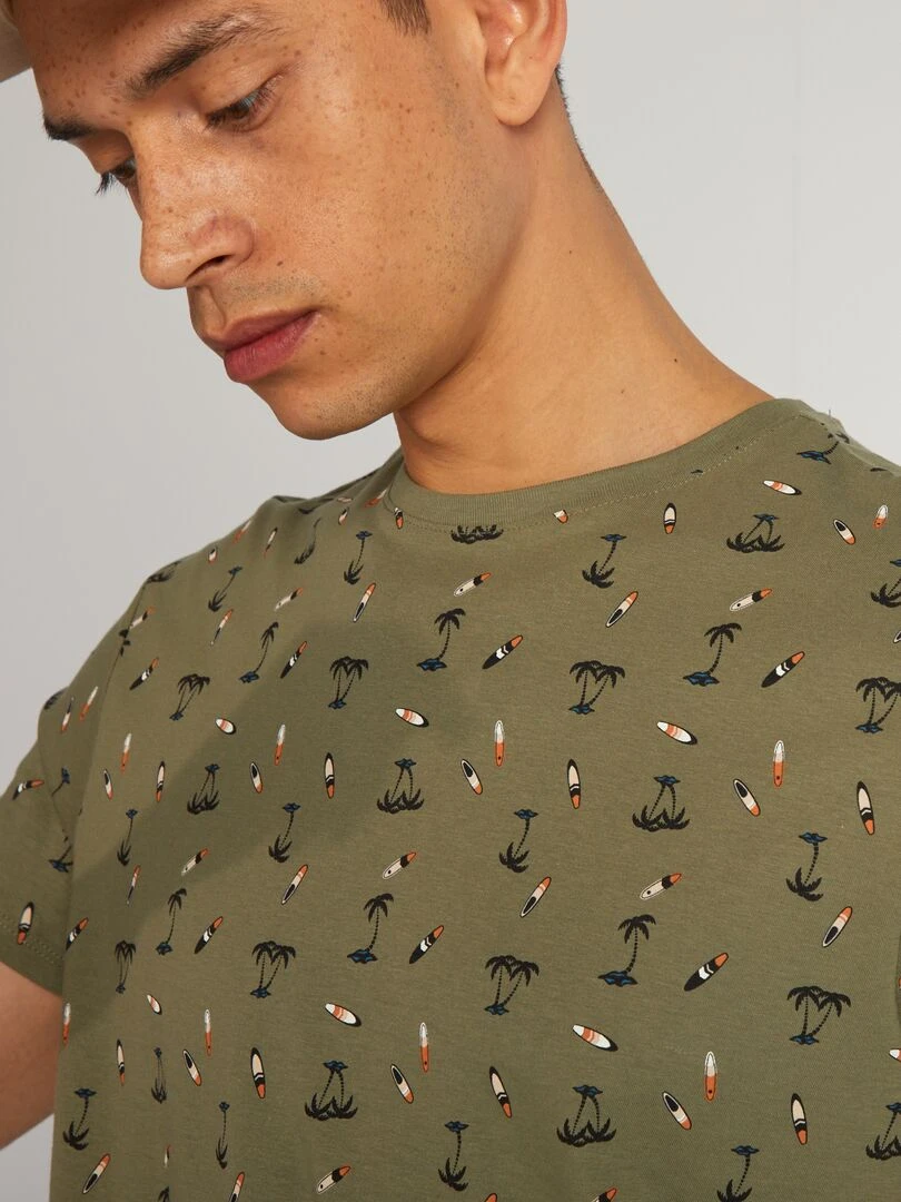 T shirt en coton imprimé à col rond   Kaki 'surf'