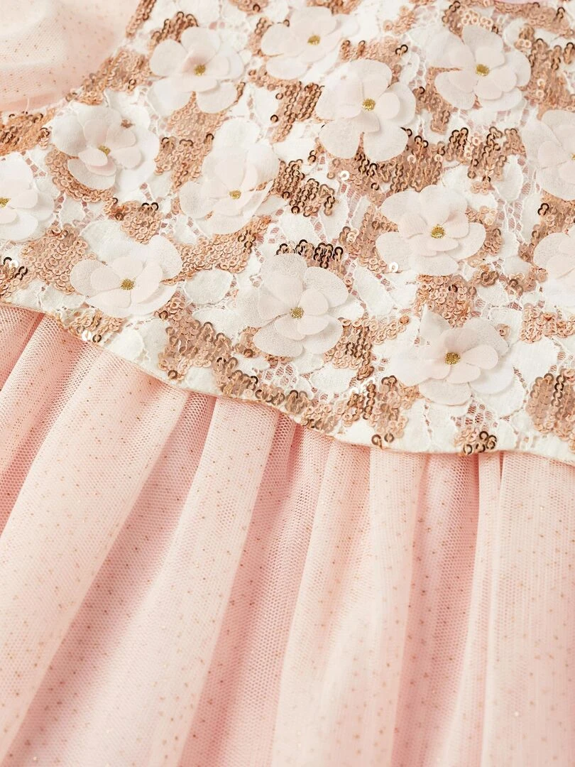 Robe en tulle avec fleurs manches courtes CÉRÉMONIE   Rose