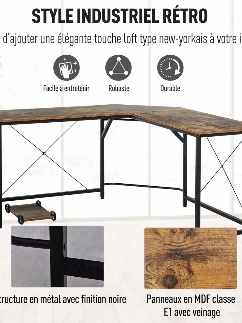 Bureau d'angle informatique design industriel aspect vieux bois métal noir   Marron