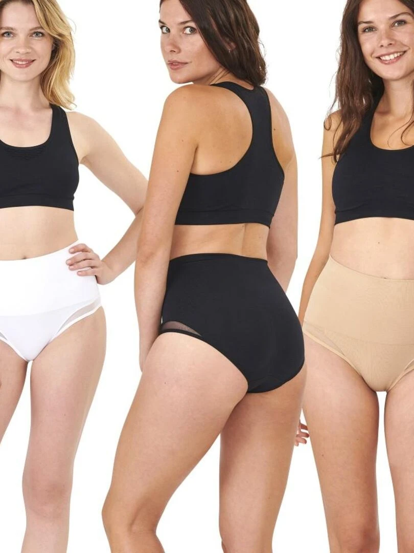 3 culottes ceinture minceur en résille So'Slim pour femme   Noir Beige Blanc