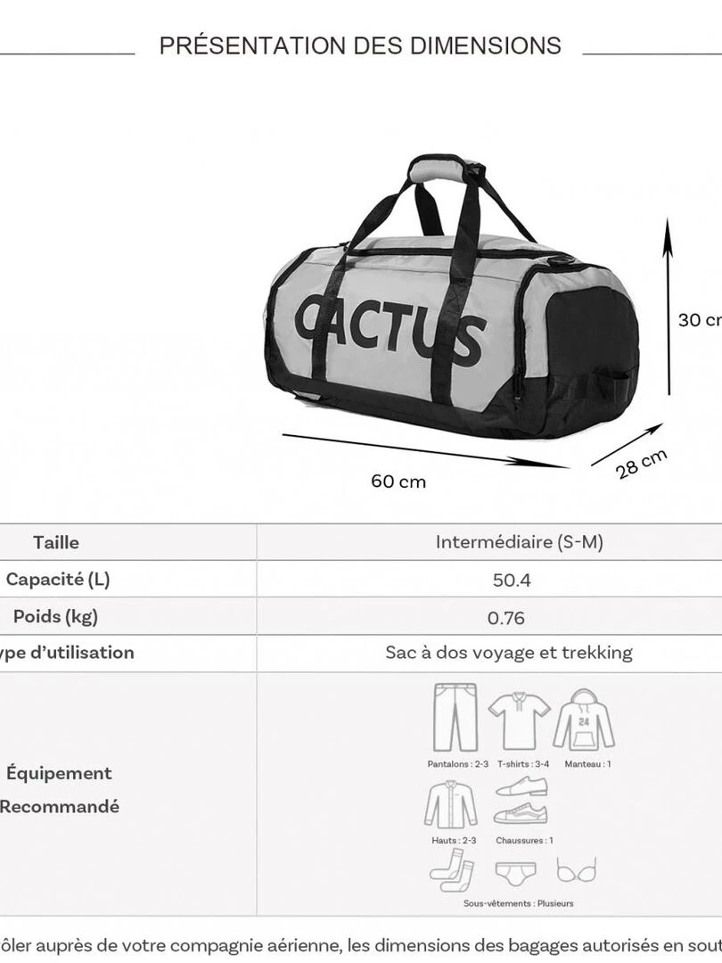 Sac de voyage week end et sport 50L 2en1 porté dos sa Gris