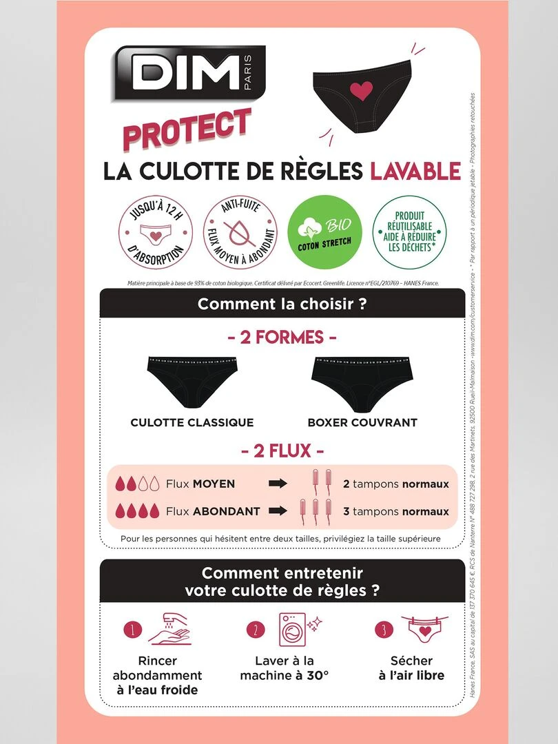 Culotte menstruelle Flux moyen 'DIM' Protect   noir