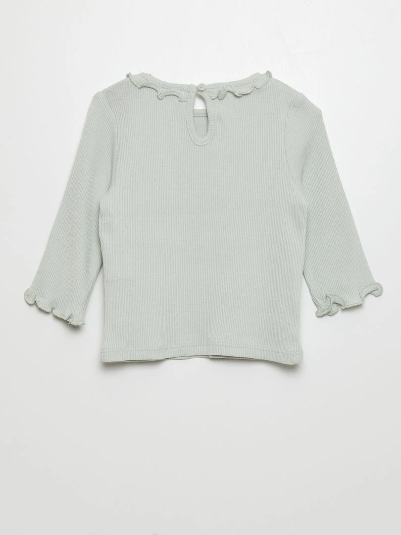 T shirt en maille côtelée col volanté   Vert d'eau