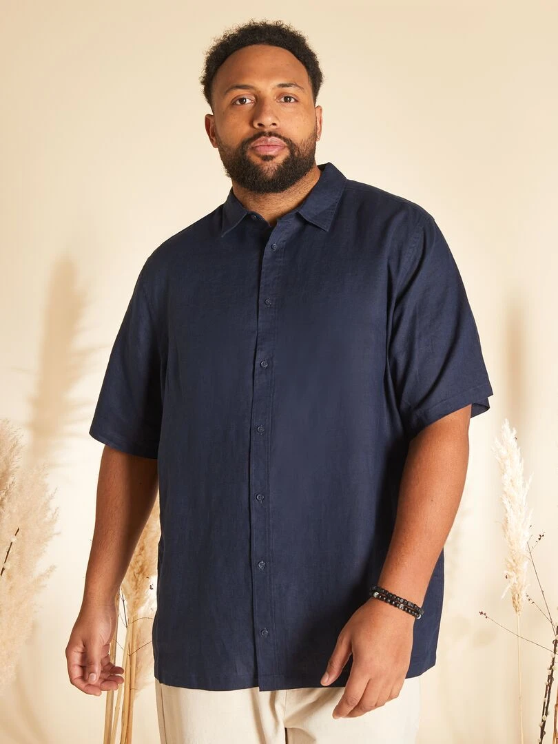 Chemise en lin à manches courtes Bleu marine