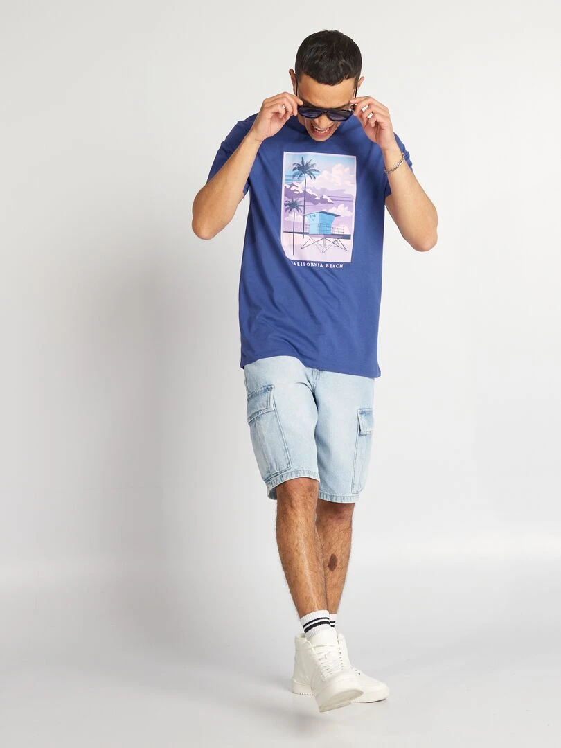 T shirt en coton imprimé à col rond Bleu électrique