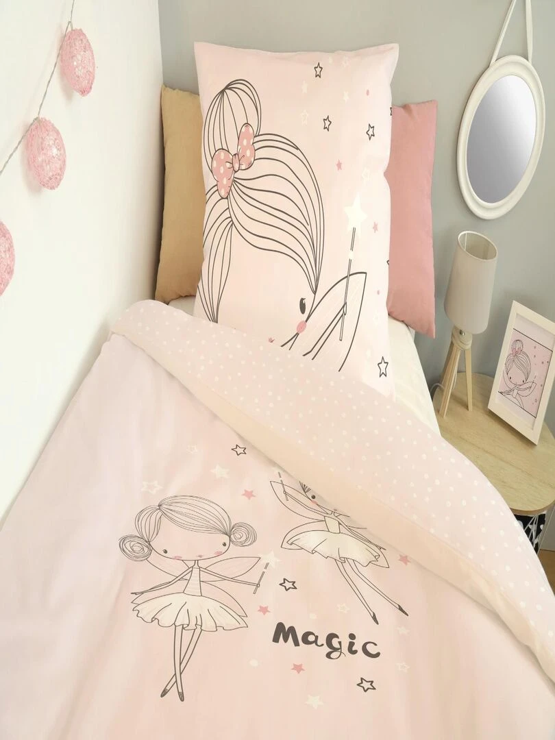 Housse de couette Fée Lou&Loup 140x200 cm et taie d'oreiller   100% Coton   Rose