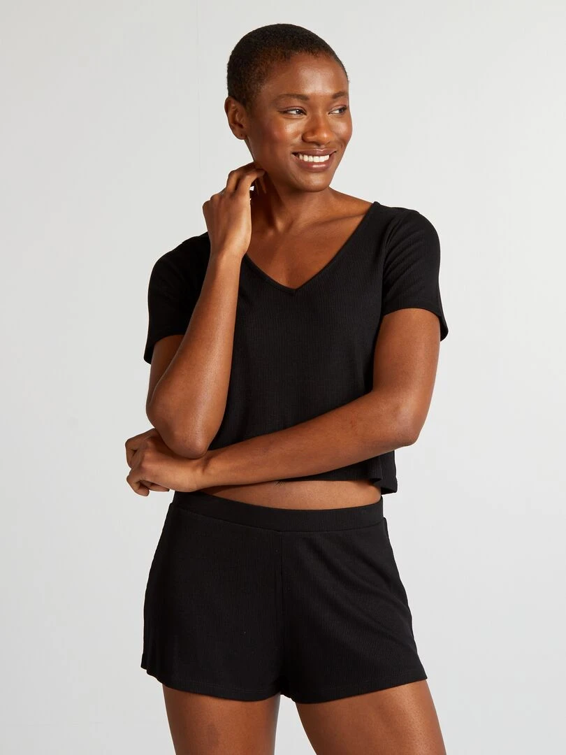 Pyjama short maille côtelée 2 pièces noir