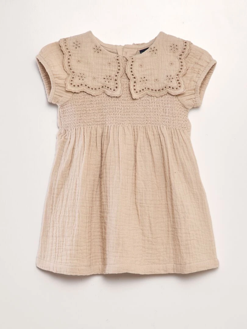 Robe en gaze de coton avec col claudine Beige