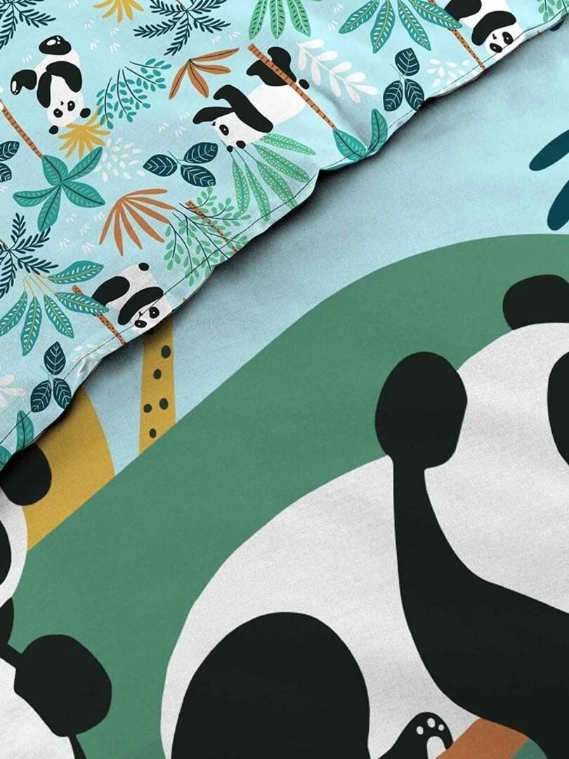 Housse de couette 140x200 + taie Panda Life coton   Bleu