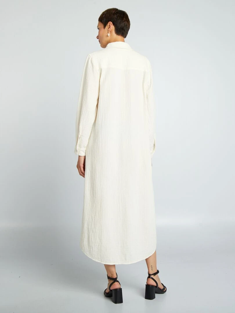 Robe longue forme chemise en double gaze de coton   Blanc