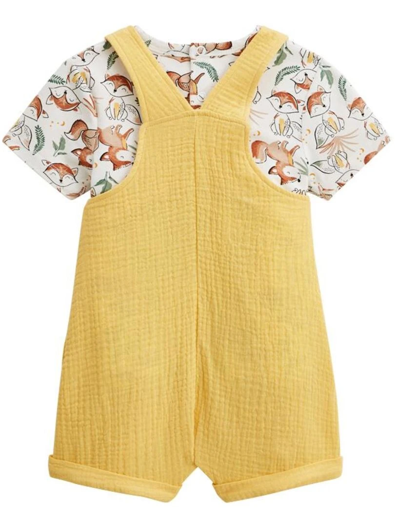 Ensemble salopette bébé en gaze de coton et t shirt Petit Envahisseur Jaune