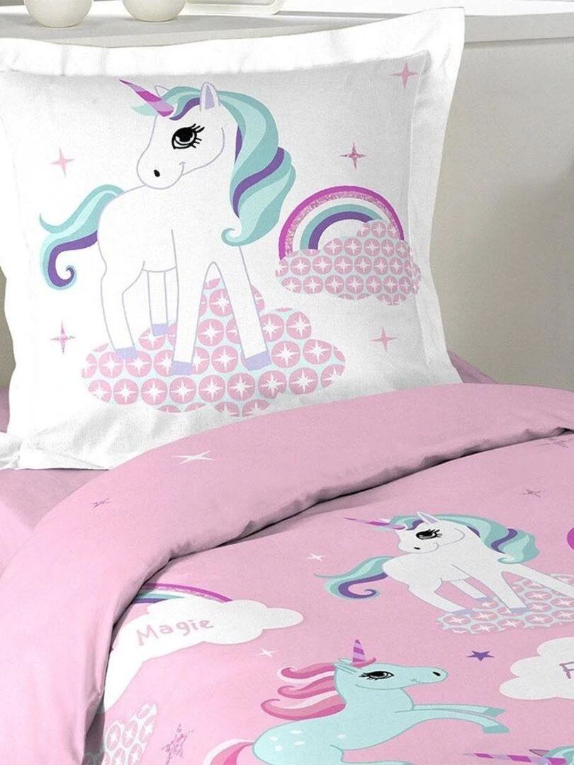 Housse de couette 140x200 Licorne + 1 taie coton Rose