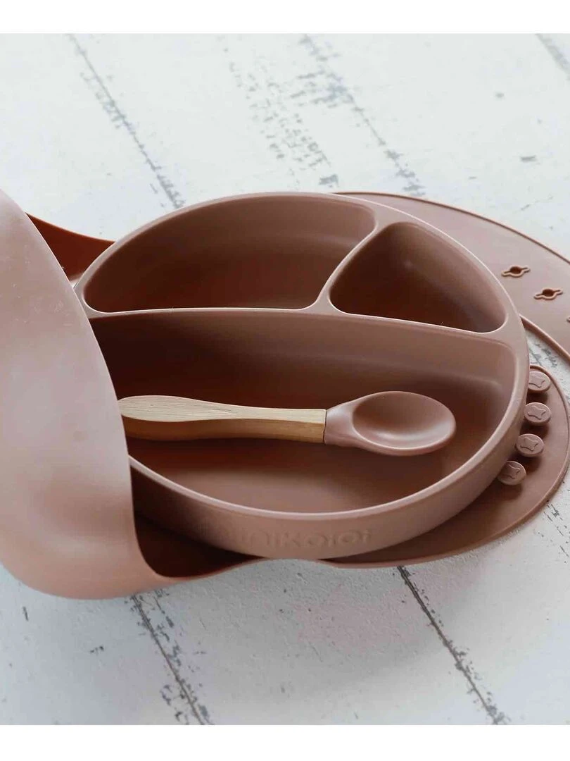 Coffret repas comme un grand  Assiette Cuillère Bavoir   Marron caramel