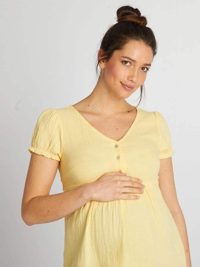 Robe de maternité façon chemisier en gaze de coton   Jaune