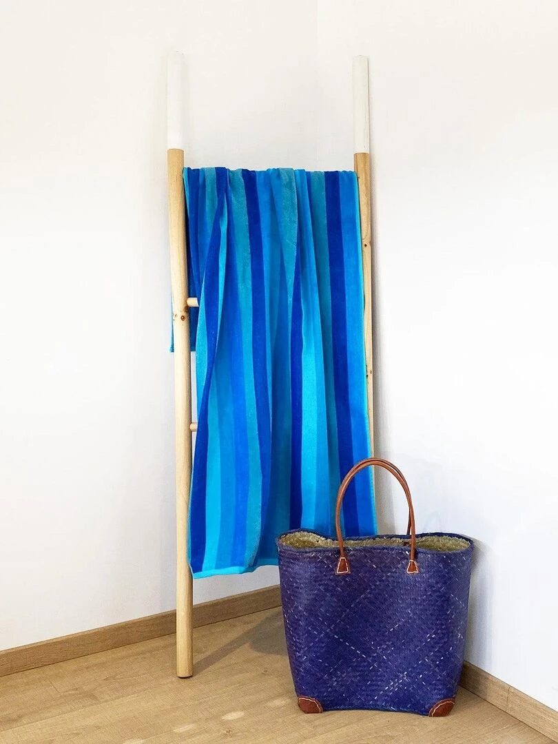 Serviette de plage éponge velours Jacquard Blue stripes 75x150cm Bleu