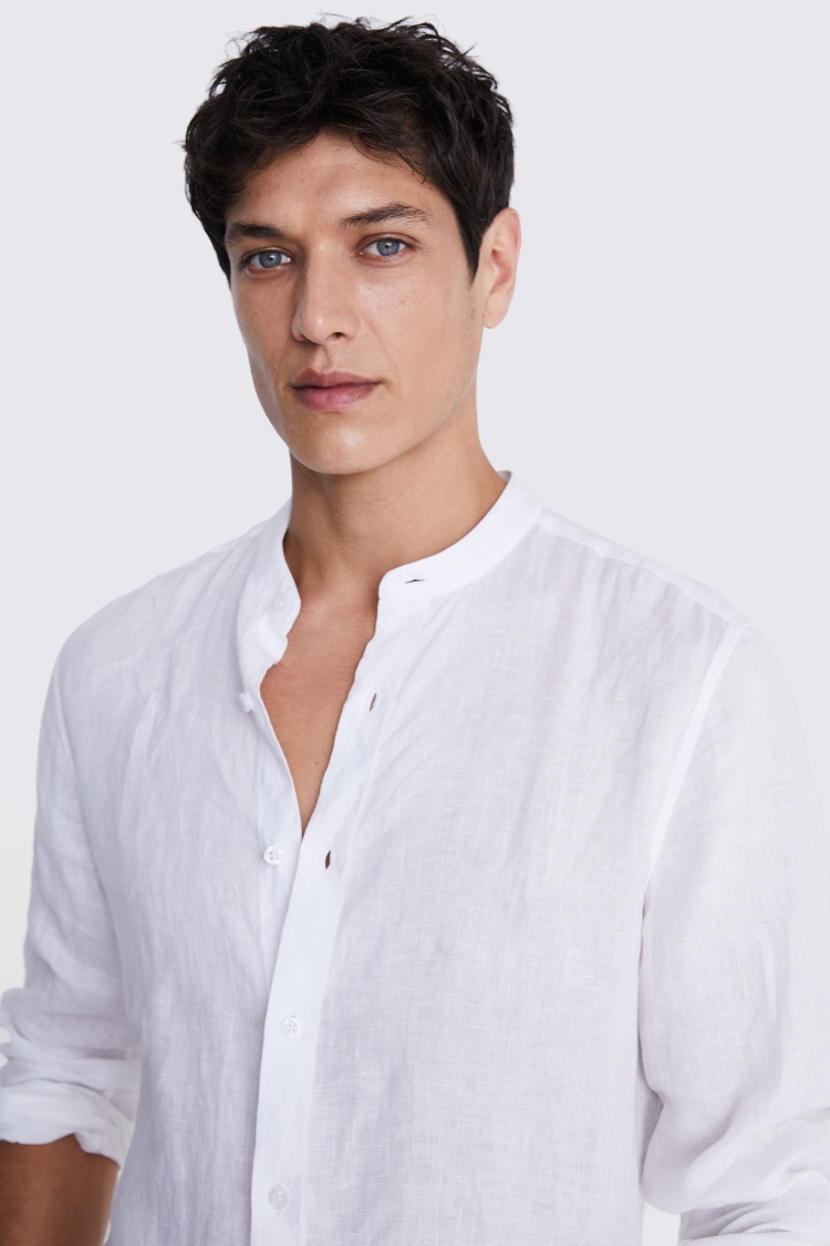 Tailored Fit White Linen Grandad Collar Shirt   Buy Online at Moss