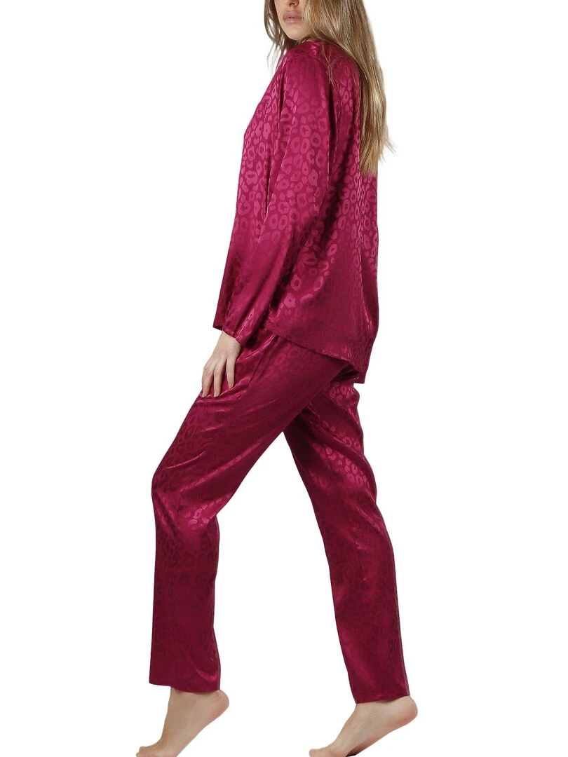 Pyjama pantalon chemise Satin Leopard   Bordeaux