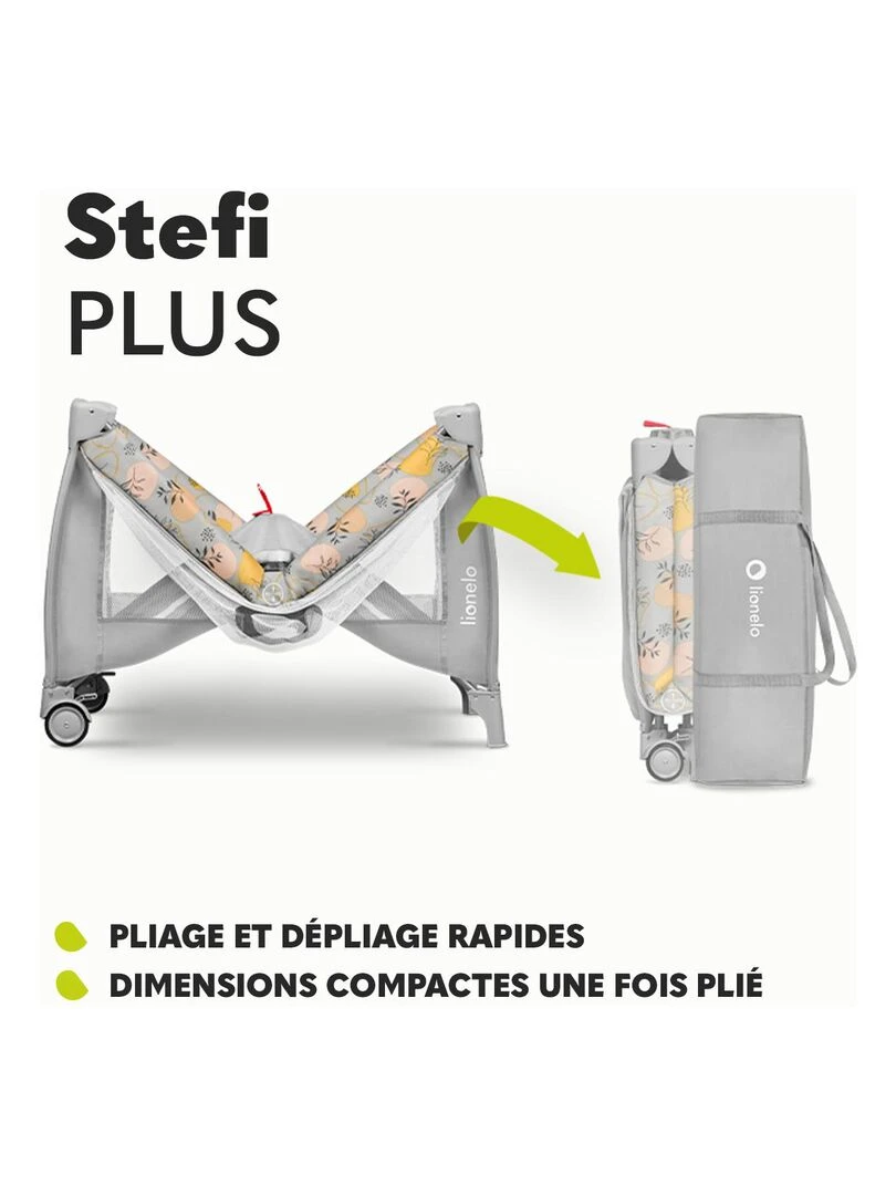 LIONELO Stefi Plus Lit parapluie bébé 2en1 0 36 mois Sac de Transport 125x65 cm Roulettes Gris Jaune