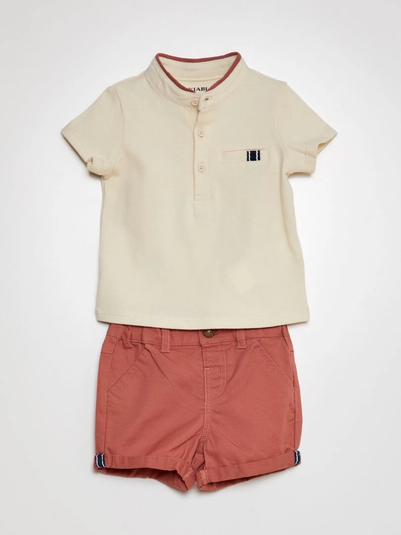 Ensemble 2 pièces Tee shirt esprit polo + short en twill Rose/crème