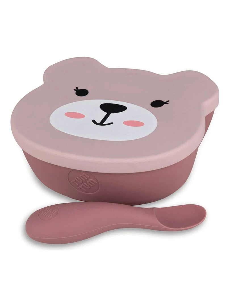 Set bol ventousé et cuillère en silicone Ourson rose Multicolore