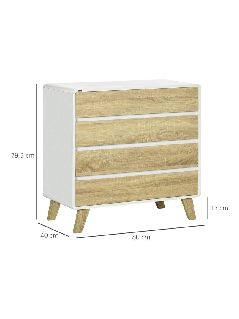 Commode scandinave sur pieds 4 tiroirs blanc aspect chêne clair   Beige