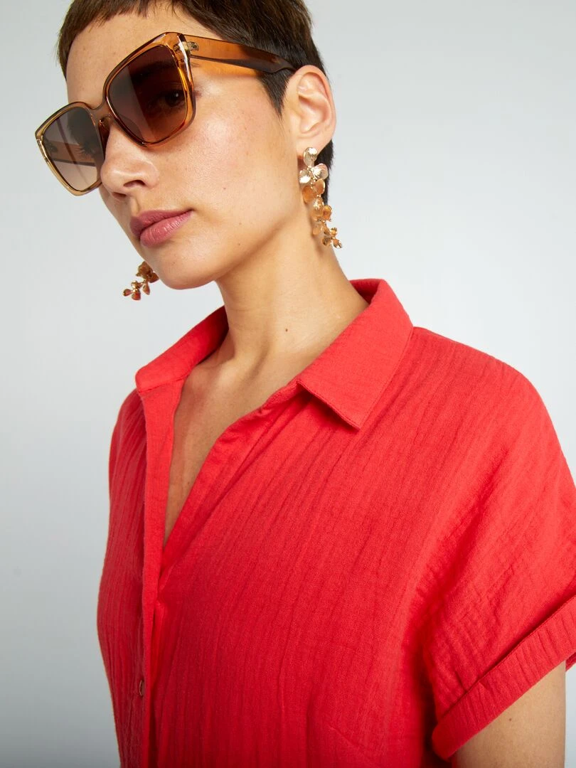 Robe courte forme chemise en double gaze de coton   rouge