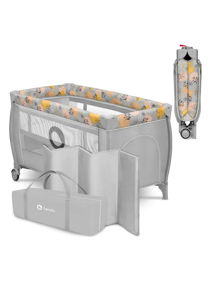 LIONELO Stefi Plus Lit parapluie bébé 2en1 0 36 mois Sac de Transport 125x65 cm Roulettes Gris Jaune