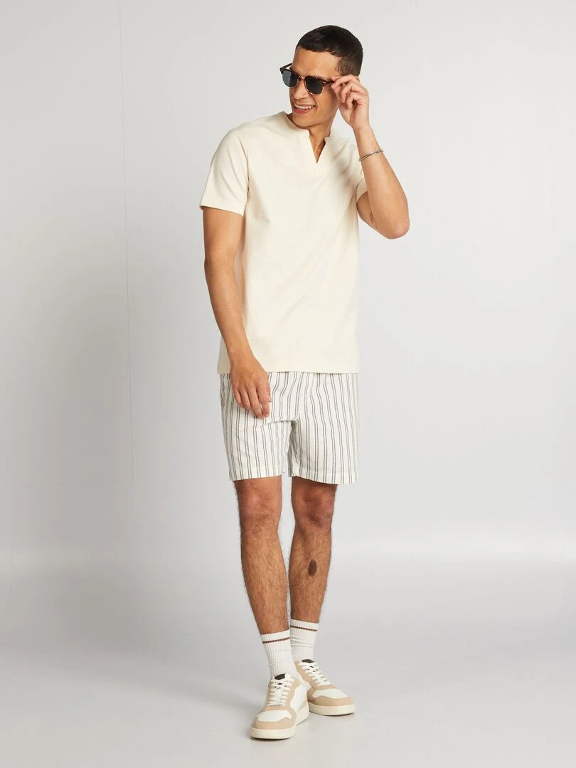 T shirt en jacquard à col mao Beige