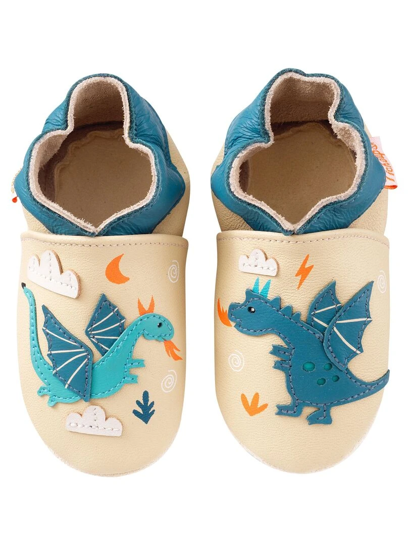 Chaussons cuir bébé Gaël et Tim les dragons Beige